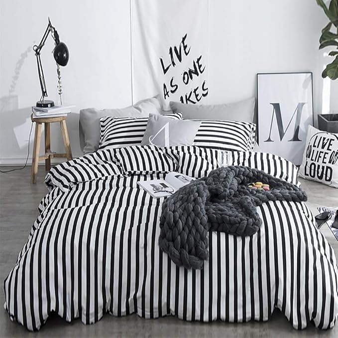 White and Black Stripes Comforter Set King Women Bedding Set Soft Durable White Striated Bedding Set Black Stripes Ticking Quilts Hotel Quality Comforter Set Girls White Black Stripes Bed Set - LeafyLoom