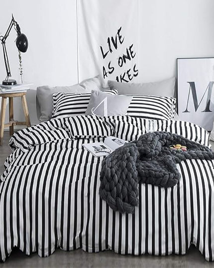 White and Black Stripes Comforter Set Twin Women Bedding Set Soft Durable White Striated Bedding Set Black Stripes Ticking Quilts Hotel Quality Comforter Set Girls White Black Stripes Bed Set - LeafyLoom