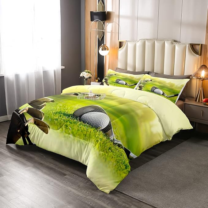 Erosebridal Golf Comforter Set Twin Size,Golf Clubs Bedding Set, Sports Game Theme Duvet Set Green Quilt Set, Boys Room Decorative Comforter Set Soft Breathable Ultra Lightweight - LeafyLoom