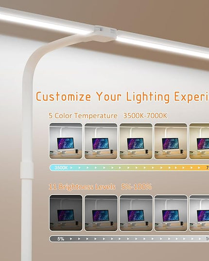 LED Desk Lamp for Home Office- 24W Double Head Desk Light with clamp, 5 Lighting Modes, 11 Brightness Levels, Adjustable Gooseneck Lamp with Timer- White - LeafyLoom