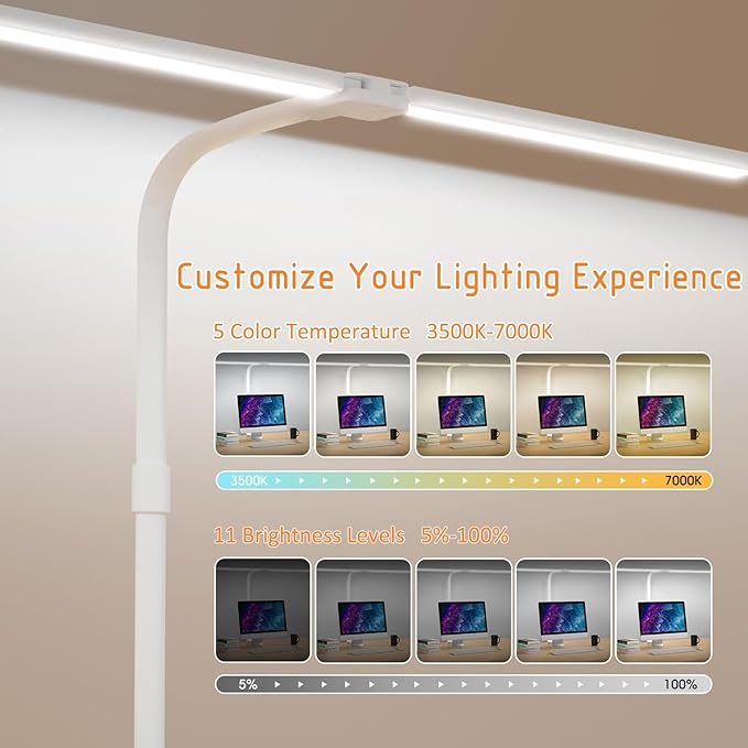 LED Desk Lamp for Home Office- 24W Double Head Desk Light with clamp, 5 Lighting Modes, 11 Brightness Levels, Adjustable Gooseneck Lamp with Timer- White - LeafyLoom