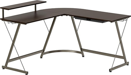 SHW Vista L-Shape Desk with Monitor Stand, Espresso - LeafyLoom