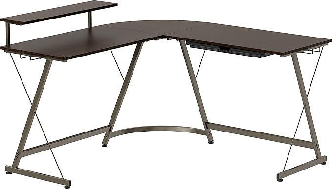 SHW Vista L-Shape Desk with Monitor Stand, Espresso - LeafyLoom