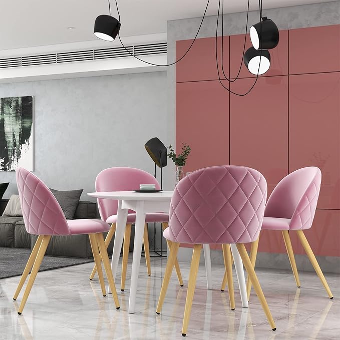 Accent Living Room Chairs - Pink Velvet Dining Chairs Set of 2, Vanity Armless Chair for Makeup Room, Bedrooms, Kitchen, Upholstered Side Chairs with Wooden-Like Legs - LeafyLoom