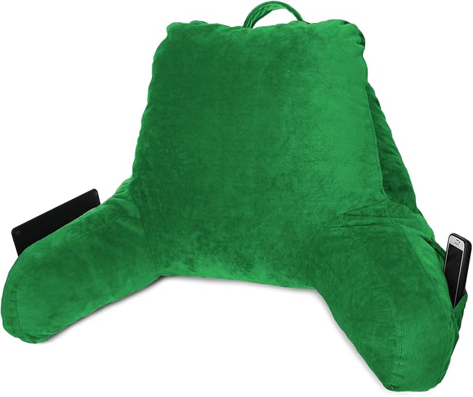 Clara Clark Reading Pillow for Kids, Small Back Pillow for Sitting Up in Bed, Memory Foam Back Support Pillow, Reading Pillows for Sitting in Bed, Green Gaming Pillow for Bed with Arms and Pockets - LeafyLoom