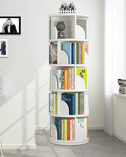 Rotating Bookshelf Tower, 360 Display 5 Tier Floor Standing Bookcase Storage Rack for Kids&Adults, Corner Bookshelf for Small Space, Book Shelf Rotating Bookcase for Bedroom, Living Room, Study - LeafyLoom