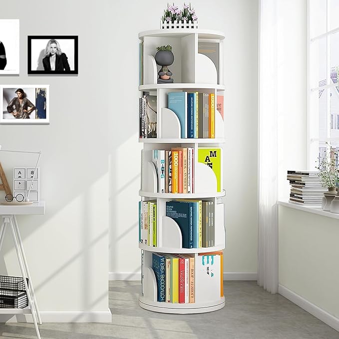 Rotating Bookshelf Tower, 360 Display 5 Tier Floor Standing Bookcase Storage Rack for Kids&Adults, Corner Bookshelf for Small Space, Book Shelf Rotating Bookcase for Bedroom, Living Room, Study - LeafyLoom