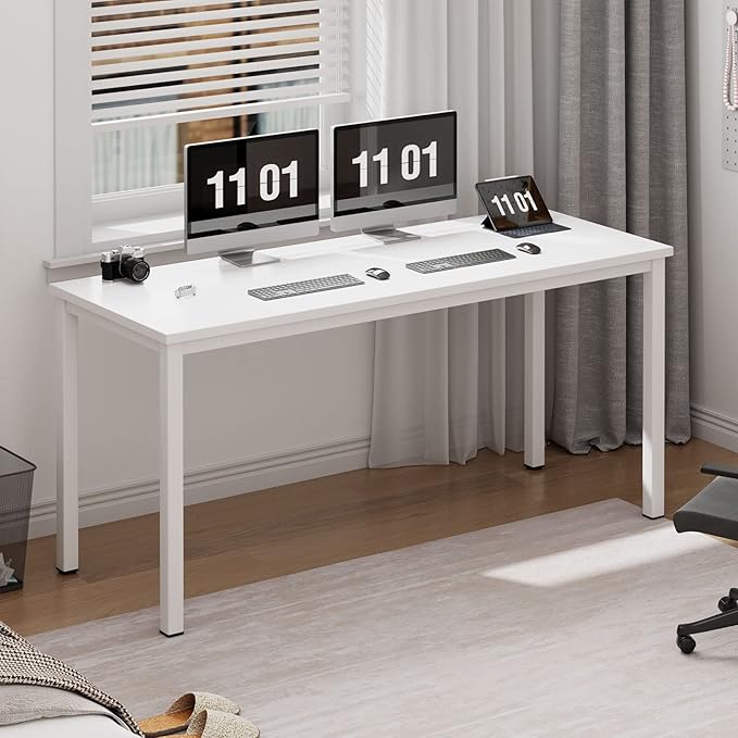 Need 63 Inch Large Computer Desk - Modern Simple Style Home Office Gaming Desk, Basic Writing Table for Study Student, White Metal Frame, White - LeafyLoom