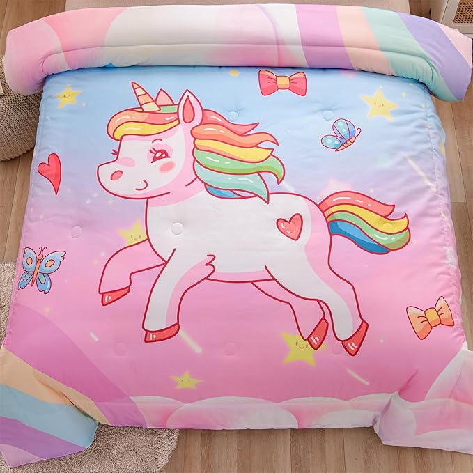 Aimuan Girls Unicorn Comforter Set 3 Pieces Pink Purple Bedding Set with Rainbow Star Galaxy Stars Fantasy Children Room Decor Soft Reversible Bed Sets for Boys/Girls/Teens (Pink Blue Twin3Pcs) - LeafyLoom