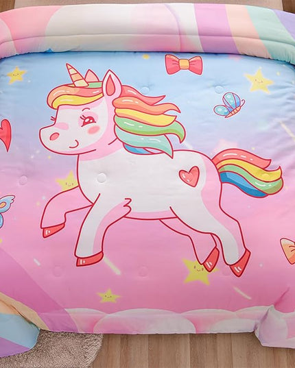 Aimuan Girls Unicorn Comforter Set 3 Pieces Pink Purple Bedding Set with Rainbow Star Galaxy Stars Fantasy Children Room Decor Soft Reversible Bed Sets for Boys/Girls/Teens (Pink Blue Full3Pcs) - LeafyLoom
