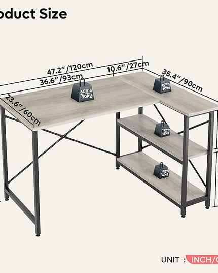 Bestier Small L Shaped Desk with Shelves 47 Inch Reversible Corner Computer Desk Writing Gaming Storage Table for Home Office Small Space, Gray Oak - LeafyLoom