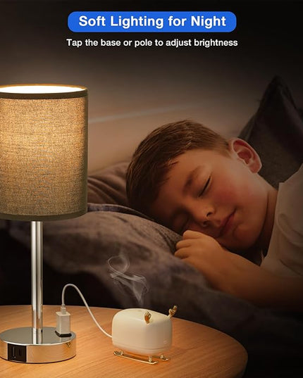 Innqoo Black Touch Bedside Lamps Set of 2-3 Way Dimmable Bedroom Lamps with USB C and A Ports and Outlets, Modern Nightstand Lamp with Silver Base, Small Table Lamps for Boy Nursery - LeafyLoom