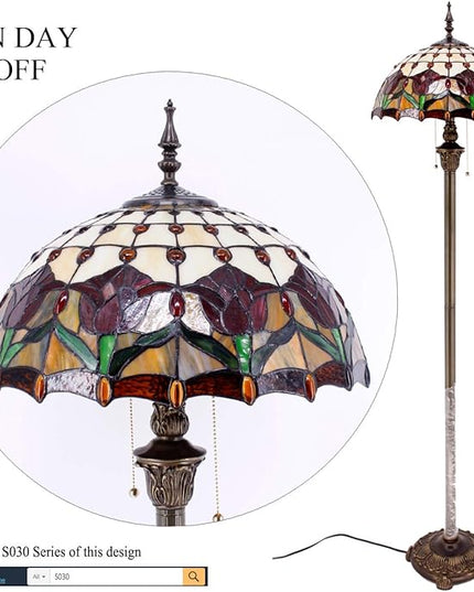 WERFACTORY Tiffany Floor Lamp Red Amber Tulip Flower Stained Glass Standing Reading Light 16X16X64 Inches Antique Pole Corner Lamp Decor Bedroom Living Room Home Office S030 Series - LeafyLoom