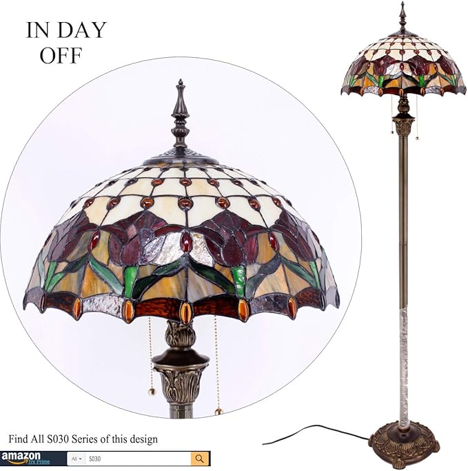 WERFACTORY Tiffany Floor Lamp Red Amber Tulip Flower Stained Glass Standing Reading Light 16X16X64 Inches Antique Pole Corner Lamp Decor Bedroom Living Room Home Office S030 Series - LeafyLoom