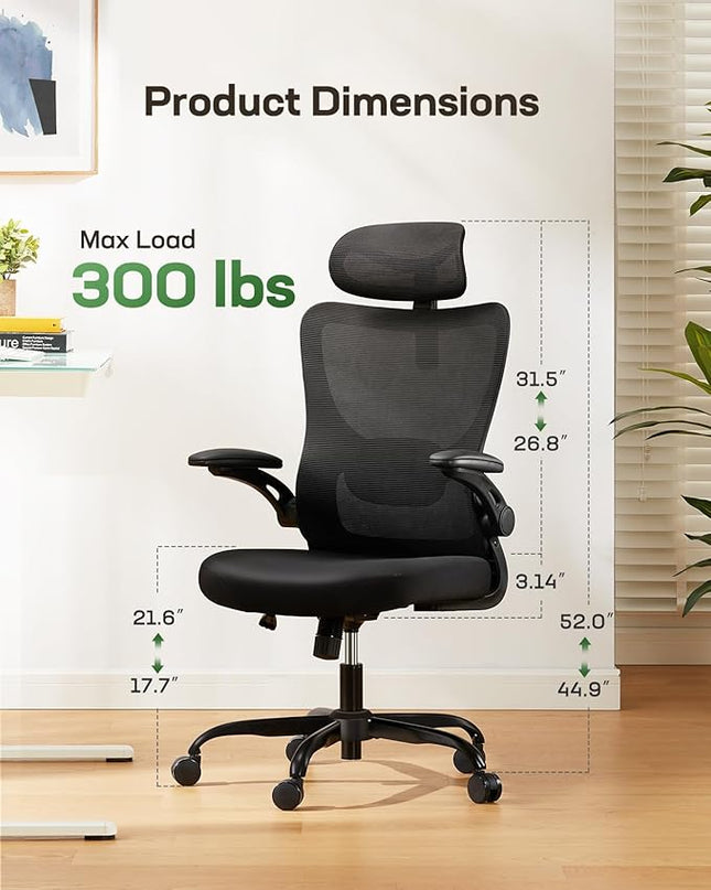Marsail Ergonomic Office Chair: Office Computer Desk Chair with High Back Mesh and Adjustable Lumbar Support Rolling Work Swivel Task Chairs with Wheel 3D Armrests and Headrest - LeafyLoom