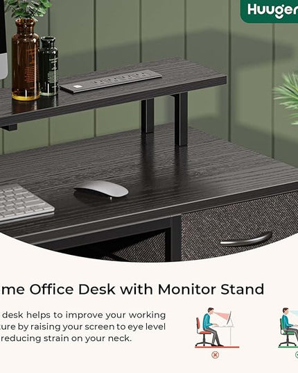 47 inch Computer Desk with 4 Drawers, Gaming Desk with LED Lights & Power Outlets, Home Office Desk with Large Storage Space for Bedroom, Work from Home, Black - LeafyLoom