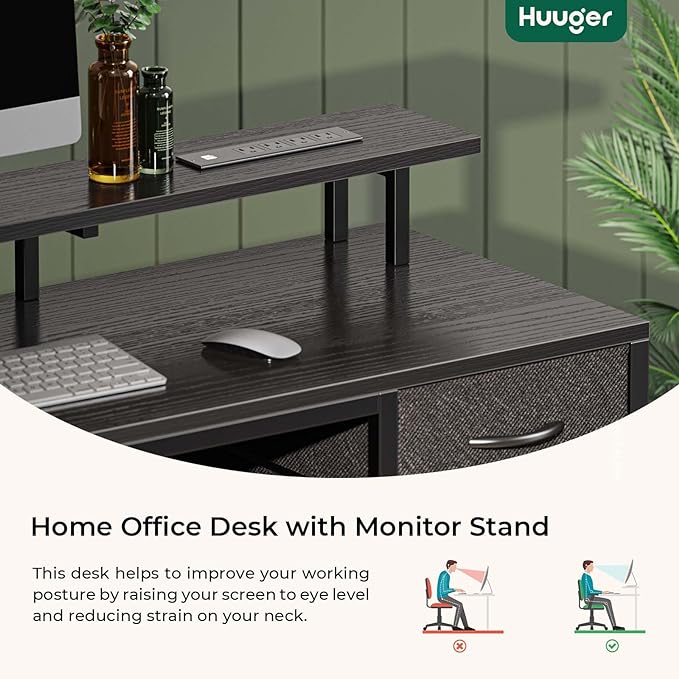 47 inch Computer Desk with 4 Drawers, Gaming Desk with LED Lights & Power Outlets, Home Office Desk with Large Storage Space for Bedroom, Work from Home, Black - LeafyLoom