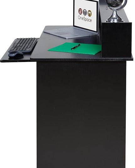 OneSpace Essential Computer Desk, Hutch with Pull-Out Keyboard, Black - LeafyLoom