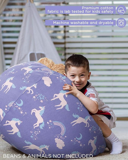 Aubliss Stuffed Animal Storage Bean Bag, Unicorn Bean bag Chair, Stuff 'n Sit for Kids, Medium 32"-Canvas Unicorn Blue - LeafyLoom