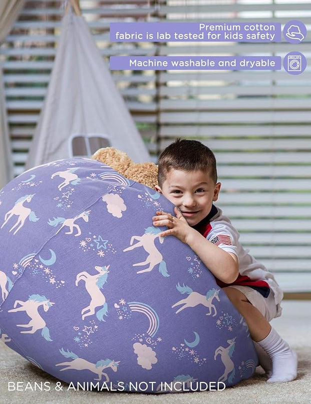 Aubliss Stuffed Animal Storage Bean Bag, Unicorn Bean bag Chair, Stuff 'n Sit for Kids, Medium 32"-Canvas Unicorn Blue - LeafyLoom