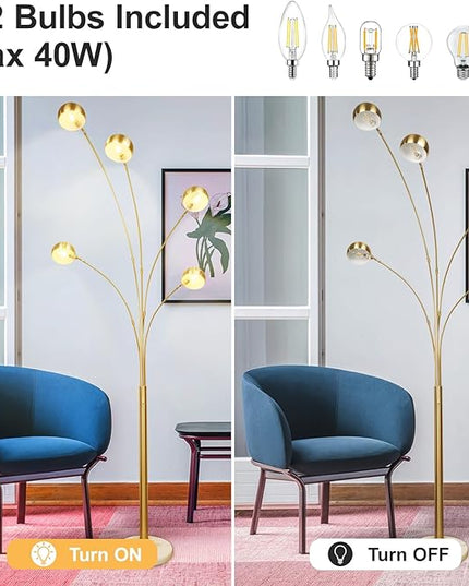 Depuley 5-Light Modern LED Floor Lamp, Adjustable Metal Tall Standing Lamps with Marble Base, Dimmable Spider Floor Lamps with Flexible Rotating Lights for Living Room(Gold, E12 Bulbs Included) - LeafyLoom
