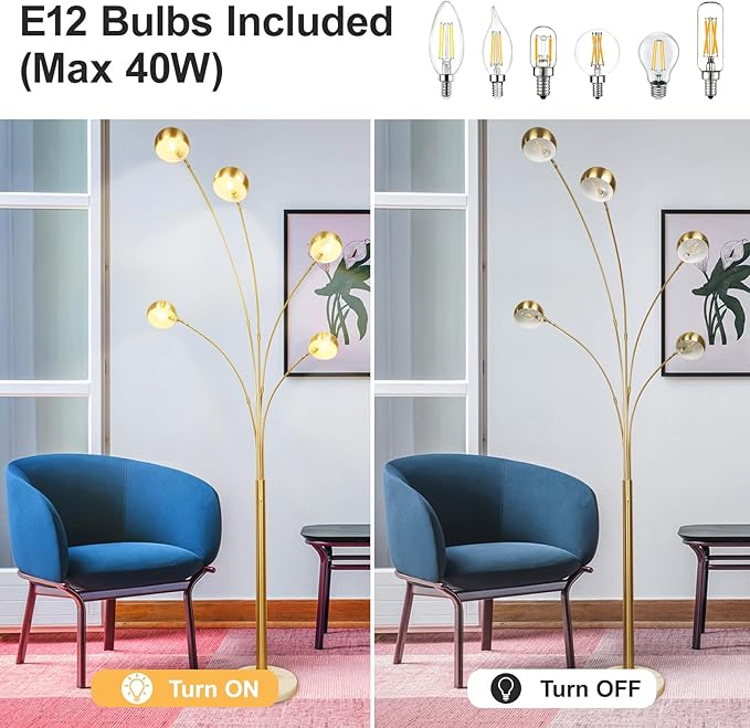 Depuley 5-Light Modern LED Floor Lamp, Adjustable Metal Tall Standing Lamps with Marble Base, Dimmable Spider Floor Lamps with Flexible Rotating Lights for Living Room(Gold, E12 Bulbs Included) - LeafyLoom
