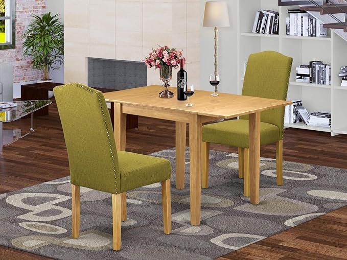 East West Furniture Norden 3 Piece Room Set Contains a Rectangle Dining Table with Dropleaf and 2 Linen Fabric Parson Kitchen Chairs, 30x48 Inch, NDEN3-OAK-08 - LeafyLoom