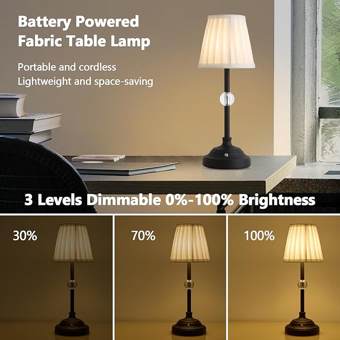 Modern Cordless Table Lamps,5000mAh Rechargeable Battery Operated lamp,Portable Fabric Shade Table Lamps,Black Desk Lamp LED 3000K with Dimming Touch Control for Restaurant/Bars/Bedroom/Living Room - LeafyLoom