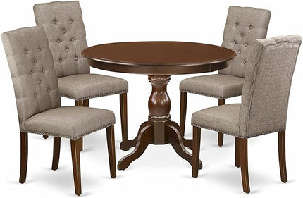 East West Furniture HBEL5-MAH-16 Hartland 5 Piece Kitchen Set for 4 Includes a Round Room Table with Pedestal and 4 Dark Khaki Linen Fabric Parsons Dining Chairs, 42x42 Inch - LeafyLoom