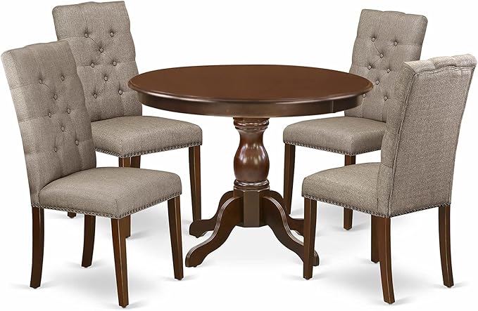 East West Furniture HBEL5-MAH-16 Hartland 5 Piece Kitchen Set for 4 Includes a Round Room Table with Pedestal and 4 Dark Khaki Linen Fabric Parsons Dining Chairs, 42x42 Inch - LeafyLoom
