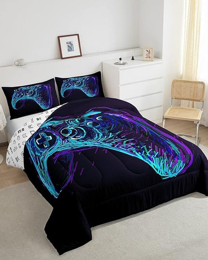 Gamer Comforter Set for Boys Teens Blue and Black Gaming Bedding Set Video Game Bedding Home Decor for Kids Comforter King Size 3 Pieces Gamepad Quilted Duvet Set 1 Comforter with 2 Pillowcases - LeafyLoom