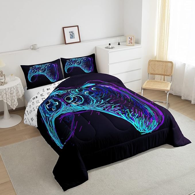 Gamer Comforter Set for Boys Teens Blue and Black Gaming Bedding Set Video Game Bedding Home Decor for Kids Comforter King Size 3 Pieces Gamepad Quilted Duvet Set 1 Comforter with 2 Pillowcases - LeafyLoom