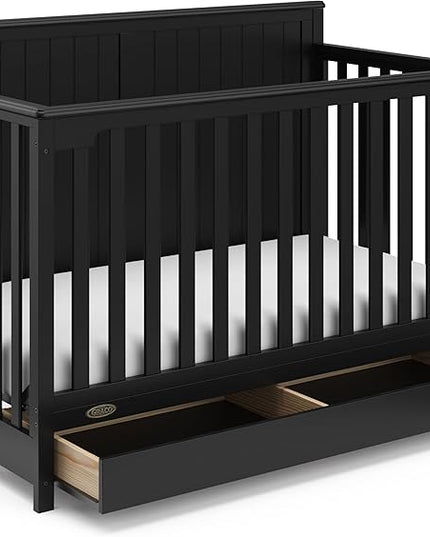 Graco Hadley 5-in-1 Convertible Crib with Drawer (Black) – Combo, Includes Full-Size Nursery Storage, Converts from Baby Crib to Toddler Bed, Daybed - LeafyLoom