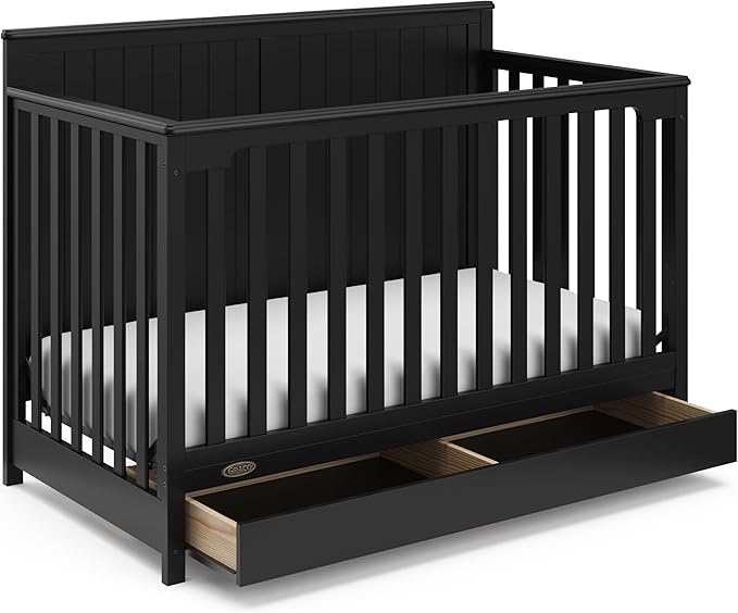 Graco Hadley 5-in-1 Convertible Crib with Drawer (Black) – Combo, Includes Full-Size Nursery Storage, Converts from Baby Crib to Toddler Bed, Daybed - LeafyLoom