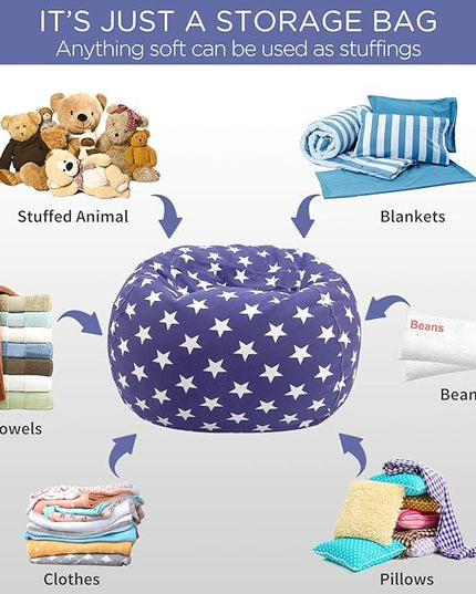 Aubliss Stuffed Animal Storage Bean Bag Chair Cover (No Beans)，Stuff and Sit Storage Bean Bag for Kids Toy Storage, Medium 32"-Canvas Stars Royal Blue - LeafyLoom