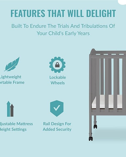 2-in-1 Portable Folding Stationary Side Crib in Storm Grey, Greenguard Gold Certified, Two Adjustable Mattress Height Positions,Made of Solid Pinewood, Flat Folding Crib - LeafyLoom