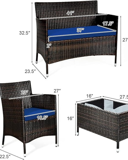 Goplus 4-Piece Rattan Patio Set, Outdoor/Indoor Wicker Conversation Set for Pool, Backyard, Lawn, Wicker Chairs and Sofa with Soft Cushion, Rattan Furniture with Tempered Glass Coffee Table - LeafyLoom