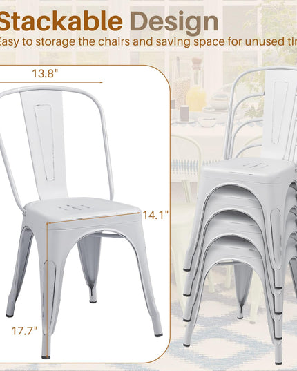 Furmax Metal Dining Chair Indoor Outdoor Use Stackable Chic Side Classic Trattoria Metal Chairs Set of 4 for Kitchen, Dining Room, Bistro and Cafe (Distressed White) - LeafyLoom