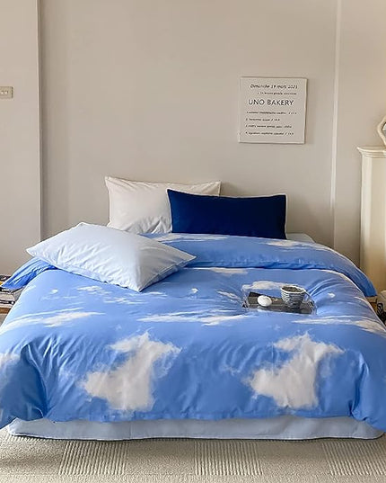 Cotton Blue Cloud Comforter Set King Size Sky Blue Comforter Cotton 3 Pieces Soft Light Blue King Comforter Bedding Set Women Solid Blue King Bed Comforter Set for All Season as Gift - LeafyLoom