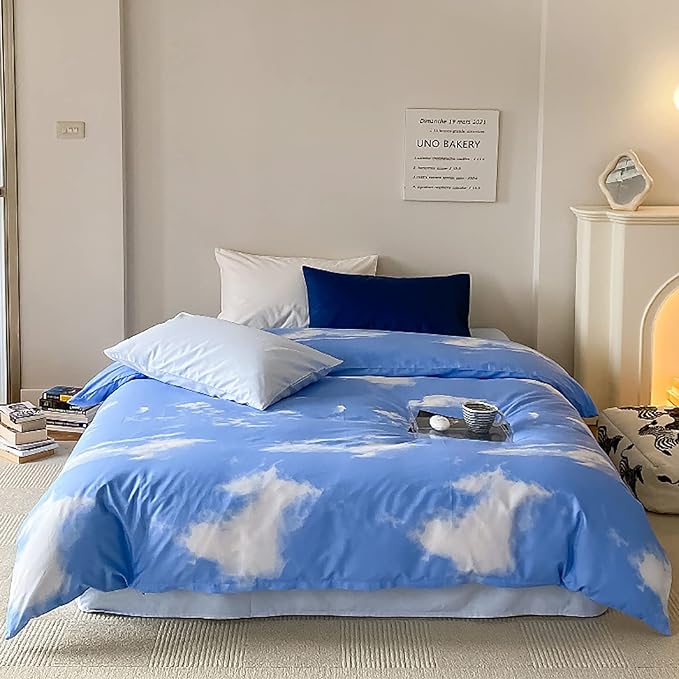 Cotton Blue Cloud Comforter Set King Size Sky Blue Comforter Cotton 3 Pieces Soft Light Blue King Comforter Bedding Set Women Solid Blue King Bed Comforter Set for All Season as Gift - LeafyLoom