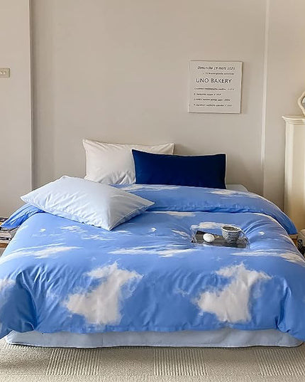 Cotton Blue Cloud Comforter Set Twin Size Sky Blue Comforter Kids Cotton 3 Pieces Soft Light Blue Twin Comforter Bedding Set Boys Girls Solid Blue Twin Bed Comforter Set for All Season as Gift - LeafyLoom