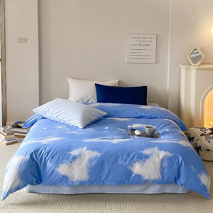 Cotton Blue Cloud Comforter Set Twin Size Sky Blue Comforter Kids Cotton 3 Pieces Soft Light Blue Twin Comforter Bedding Set Boys Girls Solid Blue Twin Bed Comforter Set for All Season as Gift - LeafyLoom