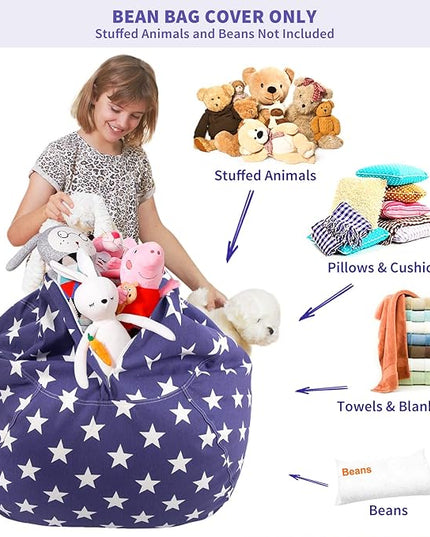 Aubliss Stuffed Animal Storage Bean Bag Chair Cover (No Beans)，Stuff and Sit Storage Bean Bag for Kids Toy Storage, Large 38"-Canvas Stars Royal Blue - LeafyLoom