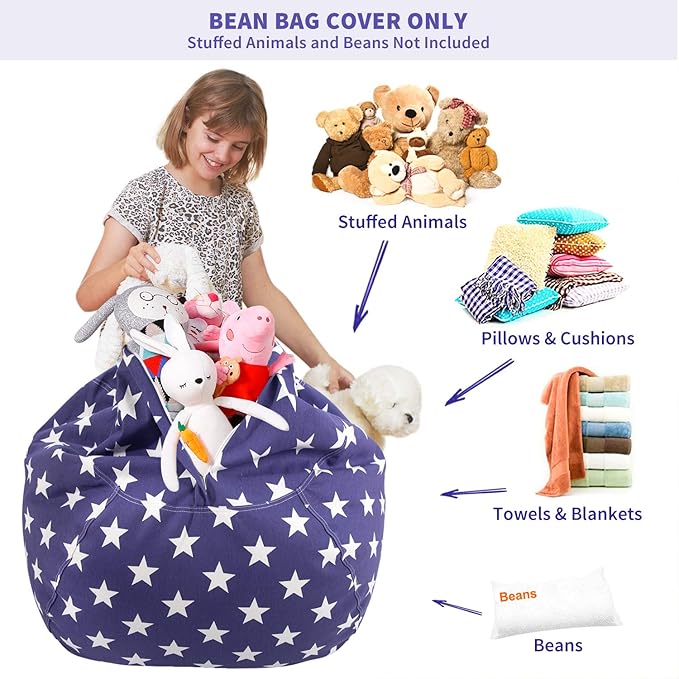 Aubliss Stuffed Animal Storage Bean Bag Chair Cover (No Beans)，Stuff and Sit Storage Bean Bag for Kids Toy Storage, Large 38"-Canvas Stars Royal Blue - LeafyLoom