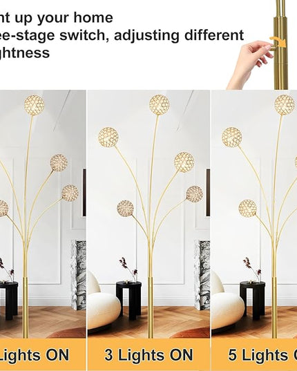 DLLT Floor Lamps for Living Room, 5-Light Gold Arc Standing Lamp, 86.6" Modern Tall Tree Floor Lamp with Adjustable Arms, Multi-Head LED Floor Lamps for Bedroom, Study, Office, G9 Bulbs Included - LeafyLoom