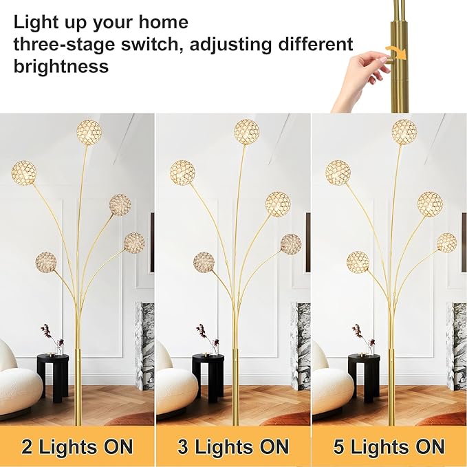 DLLT Floor Lamps for Living Room, 5-Light Gold Arc Standing Lamp, 86.6" Modern Tall Tree Floor Lamp with Adjustable Arms, Multi-Head LED Floor Lamps for Bedroom, Study, Office, G9 Bulbs Included - LeafyLoom
