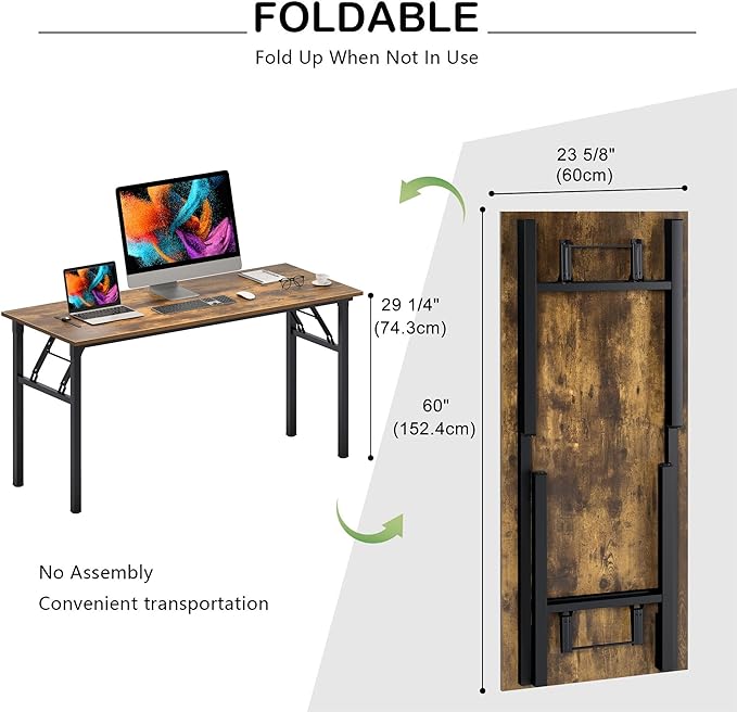 Need Home Office Desk Large Computer Desk 60 inch Sturdy Table Foldable Desk Gaming Computer Table No Assembly Required, Rustic Brown&Black Frame AC5FB(152.4 * 60) - LeafyLoom