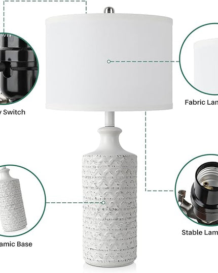 Brightever Farmhouse Ceramic Table Lamp, Modern Tall Desk Lamp for Bedroom with White Fabric Shade, Rotary Bedside Nightstand Lamp for Living Room, Office, Study, Bulb not Included - LeafyLoom