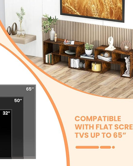 BUSHLY 3 Pieces Console TV Stand, Modern Multimedia Furniture for 50 55 60 65 Inch Flat Screen TV, DIY Open Storage Bookcase Shelf for Storage and Display, Suitable for Living Room Bedroom (Brown) - LeafyLoom