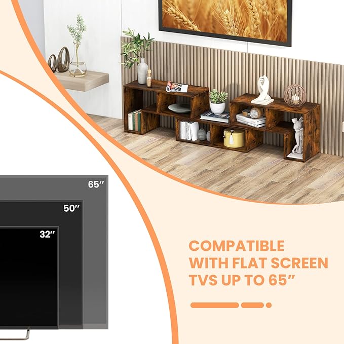 BUSHLY 3 Pieces Console TV Stand, Modern Multimedia Furniture for 50 55 60 65 Inch Flat Screen TV, DIY Open Storage Bookcase Shelf for Storage and Display, Suitable for Living Room Bedroom (Brown) - LeafyLoom
